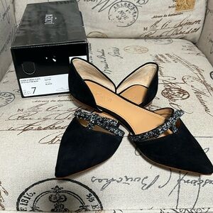 *NEVER WORN* j. crew black suede d’orsay flat with glitter bow detail